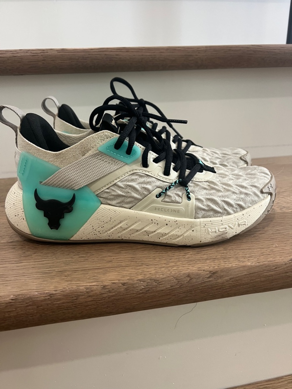 Under Armour Project Rock HOVR Training Shoes in Cream & Teal with Black Accents